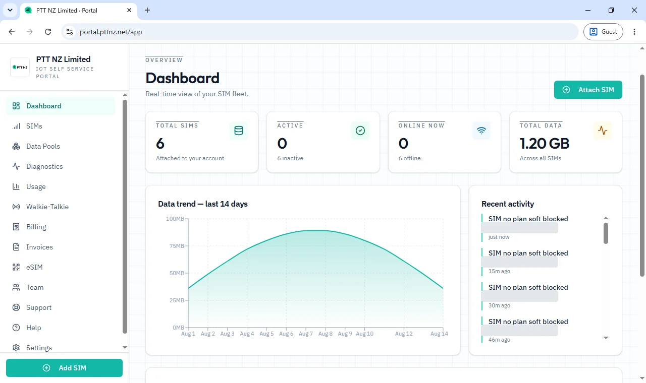 Customer self-service dashboard with real-time SIM fleet overview and data usage trend