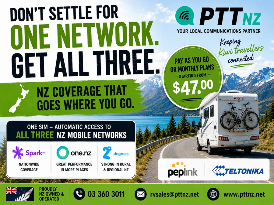 PTT NZ On The Road advert — don't settle for one network, get all three, plans from $47 per month